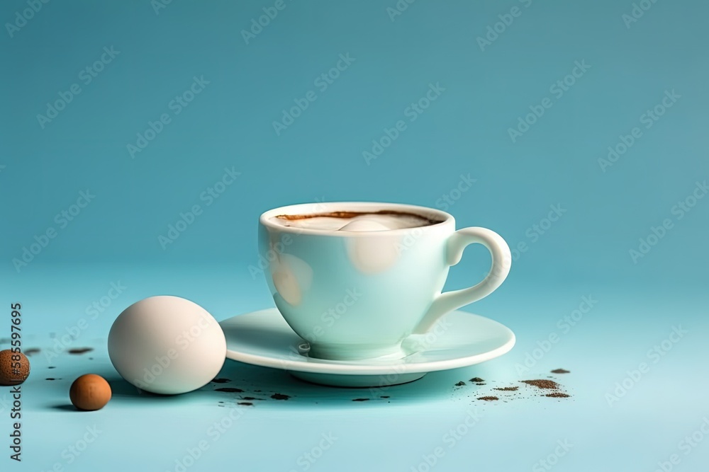Poster breakfast setting with coffee and eggs on a saucer. Generative AI