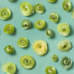 Seamless floral pattern with ranunculus on light green background. Generative AI