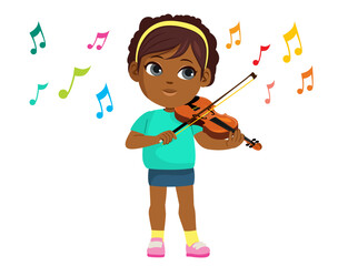 Vector illustration of musician girl playing violin. Girl violinist is inspired to play a classical musical instrument