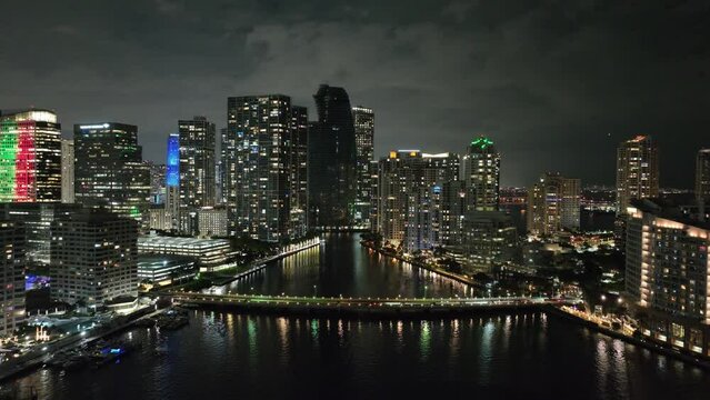 Aerial shot of the tall buildings downtown Miami Florida at night