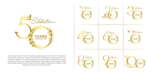 set of anniversary logotype golden color with golden leaf for special celebration event
