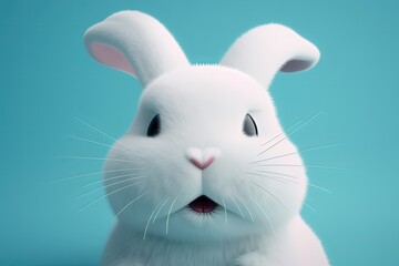 fluffy white bunny sitting on a vibrant blue background. Generative AI