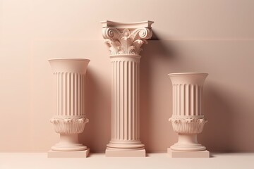 Obraz premium three white vases arranged on a shelf against a light background. Generative AI