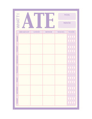 (Purple) What I ate Planner. Minimalist planner template set. Vector illustration.