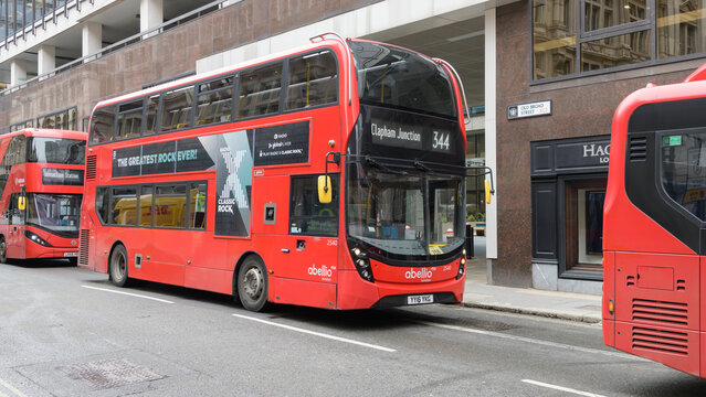 London, UK - March 16 2023; Red Abellio ADL Enviro400H red double decker bus in City of London  on route 344 to Clapham Junction