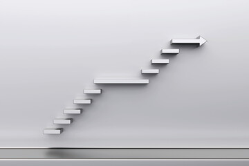 3d silver staircase with arrow as top tread,  Ascending stairs of rising staircase going upward in empty room, progress way and forward achievement creative concept, 3d rendering