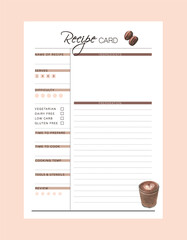 (Coffee) Recipe Card Planner. Minimalist planner template set. Vector illustration.