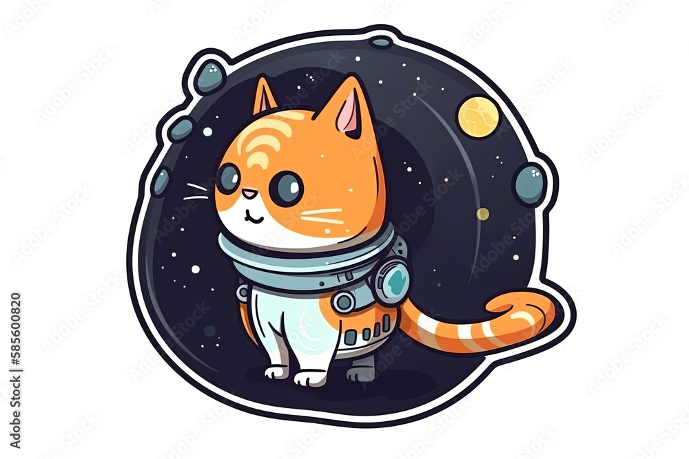 Aufkleber an adventurous orange and white cat exploring space in a colorful space suit. generative ai