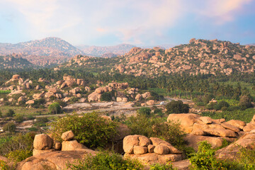 Aerial view of Hampi landscape as seen from sunset point on a top of a hill at Karnataka, India