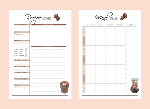 Recipe Card and Meal Plan Planner. Minimalist planner template set. Vector illustration.