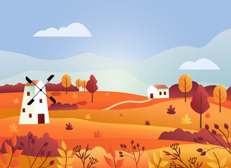 Naklejka na ściany i meble Bright autumn landscape with rural houses and a mill. Buildings against the backdrop of hills and forests. Sunny day in autumn. Vector drawing in a flat style with gradients. Illustrations for banners