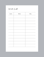 Wish List. Minimalist planner template set. Vector illustration.	