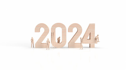 The wood 2024 number and business man on white background  3d rendering