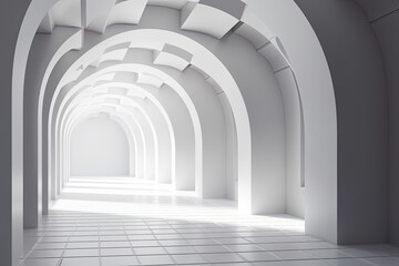 minimalist hallway with bright white walls and tiled floor. Generative AI