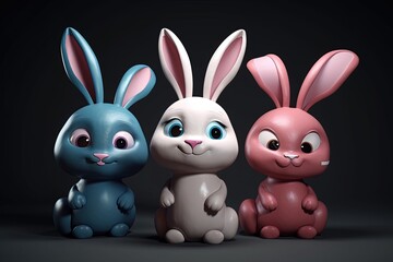 Fototapeta premium three adorable bunnies sitting closely together. Generative AI