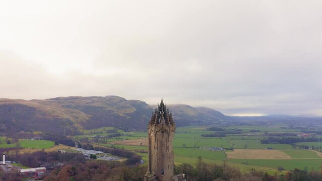 Drone view of Wallace Monument in Stirling, Scotland, United Kingdom.