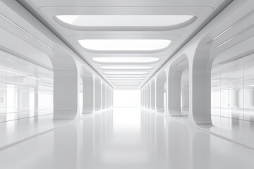 long, minimalist hallway with white walls and high ceilings. Generative AI