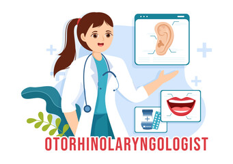 Naklejka premium Otorhinolaryngologist Illustration with Medical Relating to the Ear, Nose and Throat in Healthcare Flat Cartoon Hand Drawn Landing Page Templates