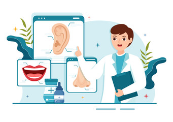 Otorhinolaryngologist Illustration with Medical Relating to the Ear, Nose and Throat in Healthcare Flat Cartoon Hand Drawn Landing Page Templates