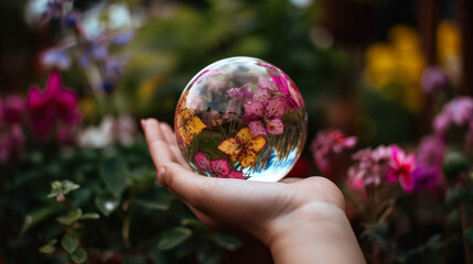 Hand holding a crystal globe with a bokeh background of a garden with flowers. Dony by Generative AI tools.