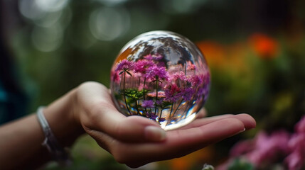 Hand holding a crystal globe with a bokeh background of a garden with flowers. Dony by Generative AI tools.