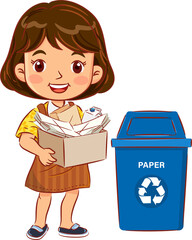 Cute girl holding a container with paper to the recycle bin