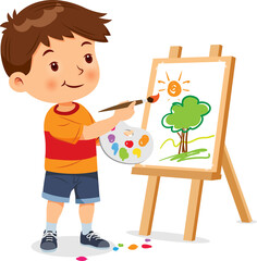 Cute little boy is happy making art. Vector illustration