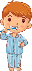 Little boy in a pyjamas stands brushing teeth and holds a glass of water in the bathroom