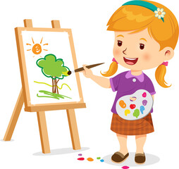 Cute little girl happy making painting on a canvas frame