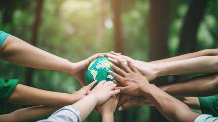 World environment day with global community teamwork, a group of volunteers joining hands together concept. People join for cooperation success. teamwork and business. Generative AI.