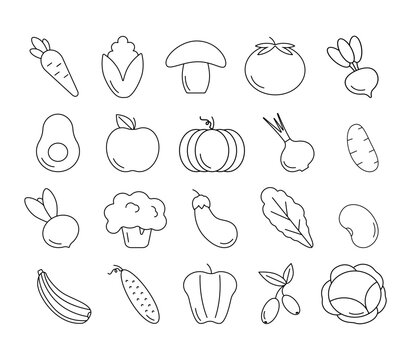 Vector icon set.Vegetables.Keto.Food.Fasting. Illustration, Icons, Set. Keto Diet, Keto, Vegetables, Food, Natural, Useful, Health, Line, Icon, Logo, Black on White Background. Print.  