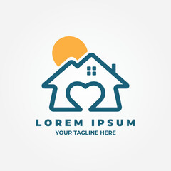 Love home with sun logo line design symbol icon
