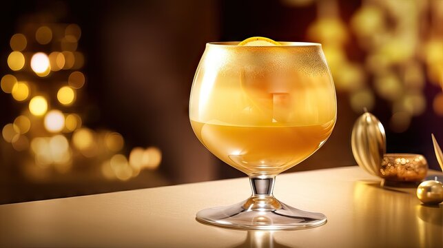 A tantalizing image of a Golden Dream cocktail, captured in exquisite detail for advertising purposes. The drink features a golden hue and is garnished with fresh fruits and herbs, generative ai