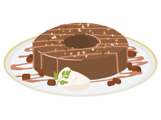 お皿に乗せてデコレーションしたバームクーヘン　チョコレートケーキ