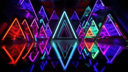 Futuristic neon triangles in mesmerizing designs create a vibrant and dynamic background. Sharp edges and vivid colors draw the eye and add an edgy touch to any digital space or project, generative ai