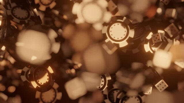 Golden poker chips and dice are falling in slow motion. Online casino betting or blackjack gambling concept. Luxury background