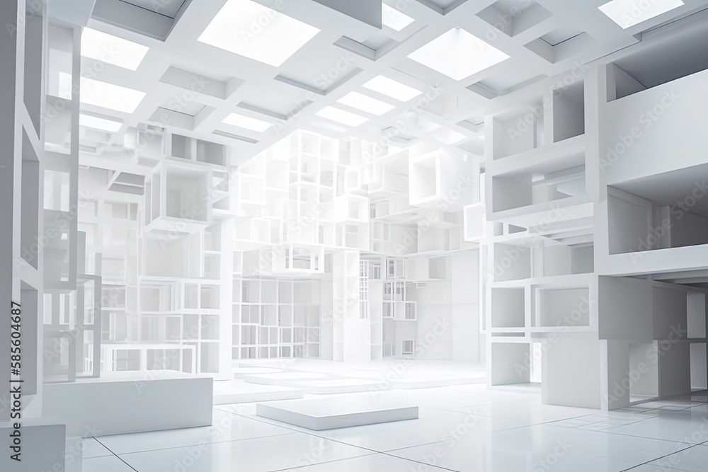 Poster an empty room with white shelves and blank spaces waiting to be filled. generative ai