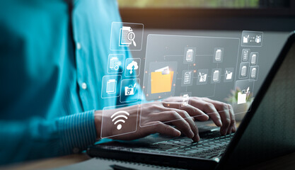 document management system concept. Enterprise content management, Digital asset management, Document imaging, Workflow, Records management, Online document file data software for efficient archiving.