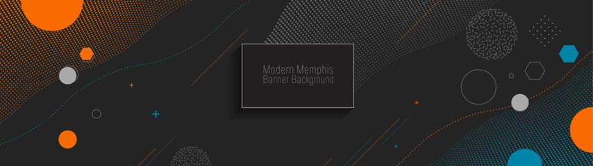 Modern Memphis Banner Background, illustration dark black color with geometric elements for web page,  blog, cover, ad, greeting card.