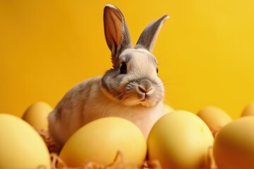 Fototapeta na wymiar cute rabbit surrounded by colorful Easter eggs. Generative AI