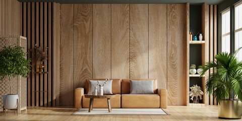 Interior living room wall mockup with leather sofa and decor on wooden wall background.3d rendering © Vanitjan