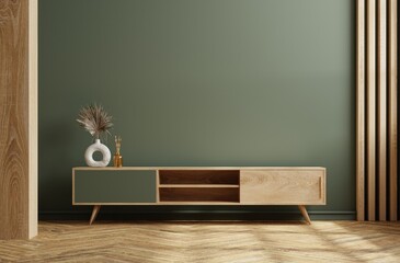 Cabinet for TV on the green color wall in living room,minimal design.3d rendering © Vanitjan