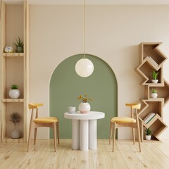Dining room in a coffee shop with green empty wall.3d rendering