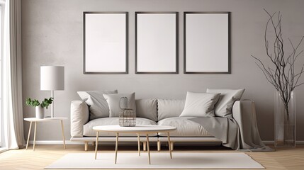 Modern living room design with vertical framed art mockup. Print display with a sofa.