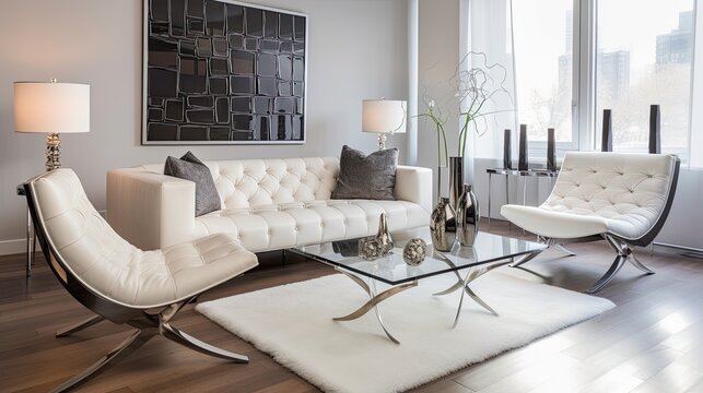 Modern living room design with framed. Interior design display with a sofa and coffee table.
