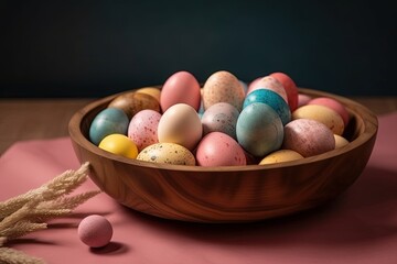 Fototapeta na wymiar rustic wooden bowl filled with fresh eggs on a farmhouse table. Generative AI