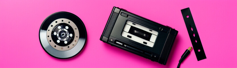 Obraz premium Illustration of two vintage cassette players on a pastel pink background created with Generative AI technology