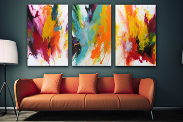 Bright abstract Triptych painting on a dark wall above a red sofa with red pillows and a floor lamp, generative ai