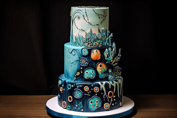 A beautiful three-tiered blue colored wedding cake with colorful whimsical designs, ai generated
