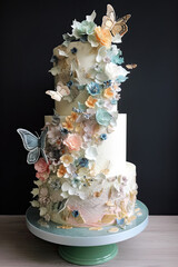 A beautiful three-tiered wedding cake decorated with white, orange and blue flowers and butterflies